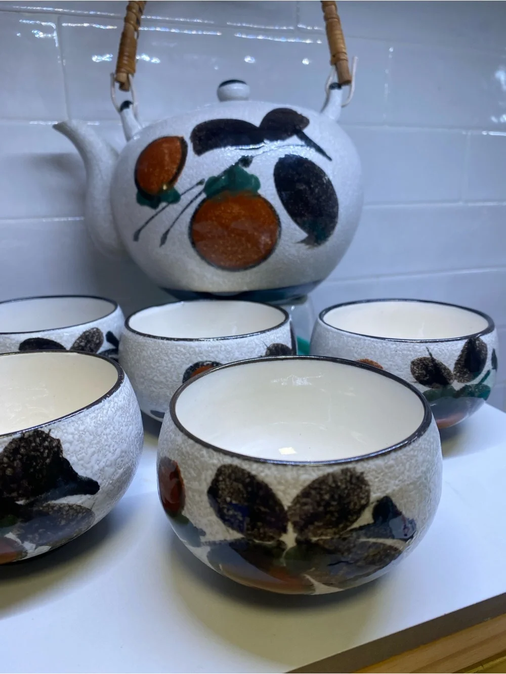 Vintage Otagiri Japanese Tea Set Persimmon Teapot 5 Cups Hand Painted Ceramic